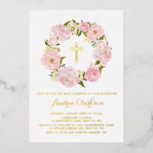 Blush Pink Peony Floral Wreath Baby Blessing Folie Uitnodiging (Voorkant)