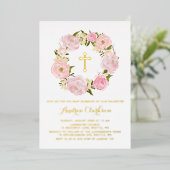 Blush Pink Peony Floral Wreath Baby Blessing Folie Uitnodiging (Staand Voorkant)