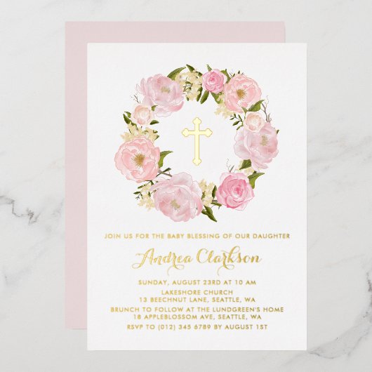 Blush Pink Peony Floral Wreath Baby Blessing Folie Uitnodiging (Voorkant / Achterkant)