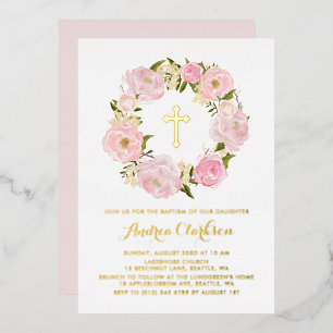 Blush Pink Peony Floral Wreath Baby Girl Baptisme Folie Uitnodiging
