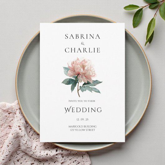Blush Pink Peony Flower Elegant Botanical Wedding Kaart