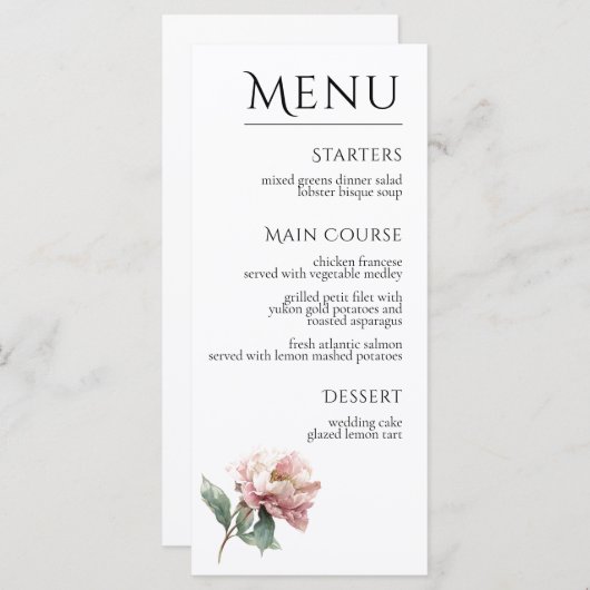 Blush Pink Peony Flower Elegant Dinner Wedding  Menu (Voorkant / Achterkant)