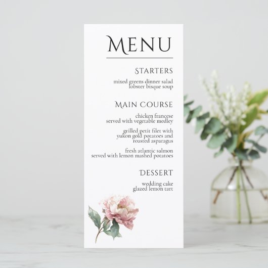 Blush Pink Peony Flower Elegant Dinner Wedding  Menu (Staand voorkant)