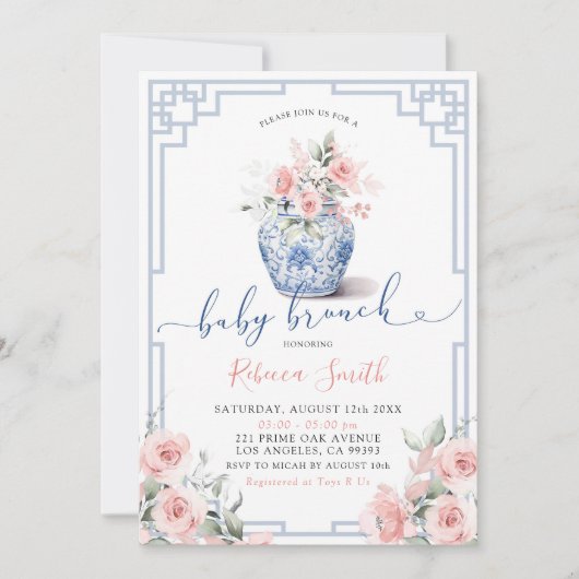 Blush Pink Peony Flowers Chinoiserie Baby Brunch Kaart (Voorkant)
