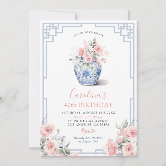 Blush Pink Peony Ginger Jar Chinoiserie Verjaardag Kaart (Voorkant)