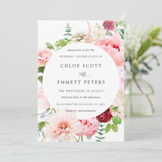 Blush Pink Peony Rustic Floral Wedding Invitation Kaart (Staand voorkant)