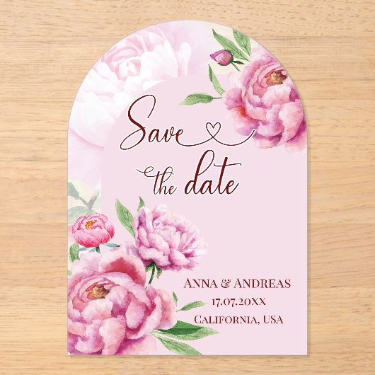 Blush Pink Peony Save the Date Card Acryl Uitnodigingen (Voorkant)