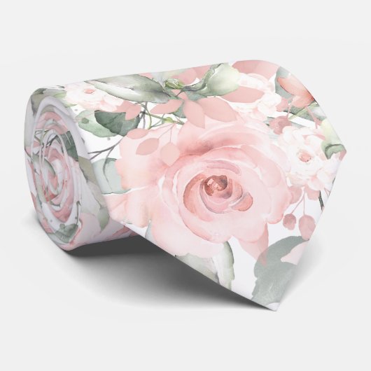 Blush Pink Peony Silver Greenery Wedding Stropdas (Opgerold)