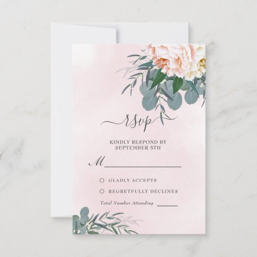 Blush Pink Peony Waterverf Eucalyptus Weddenschap RSVP Kaartje (Voorkant)