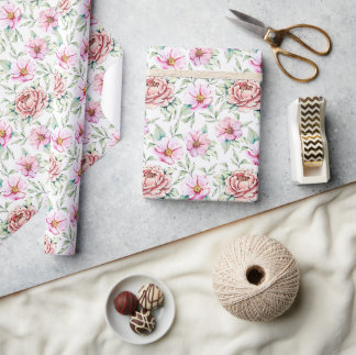 Blush Pink Peony & Wildflower Watercolor Wrapping Cadeaupapier