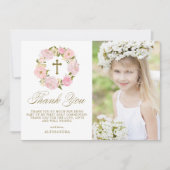 Blush Pink Peony Wreath Gold First Heilige Communi Bedankkaart (Voorkant)