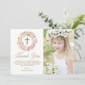 Blush Pink Peony Wreath Gold First Heilige Communi Bedankkaart (Staand voorkant)