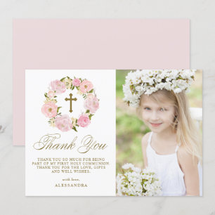 Blush Pink Peony Wreath Gold First Heilige Communi Bedankkaart