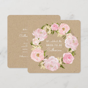 Blush Pink Peony Wreath Kraft Paper Vrijgezellenfe Kaart