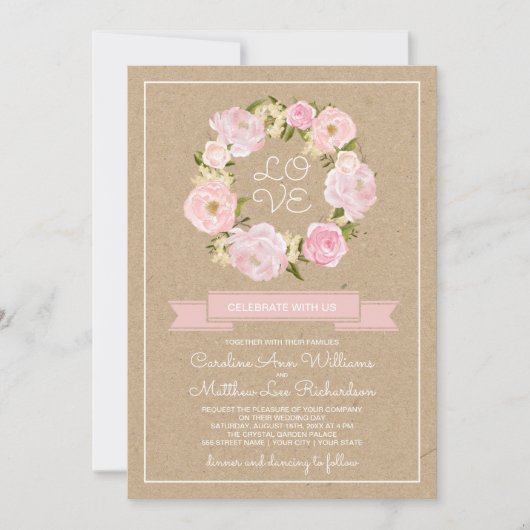 Blush Pink Peony Wreath Kraft Paper Weddenschap Kaart (Voorkant)