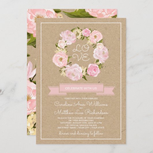Blush Pink Peony Wreath Kraft Paper Weddenschap Kaart (Voorkant / Achterkant)