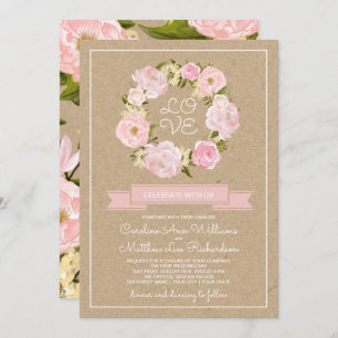 Blush Pink Peony Wreath Kraft Paper Weddenschap Kaart