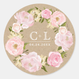 Blush Pink Peony Wreath Kraft Paper Weddenschap Ronde Sticker