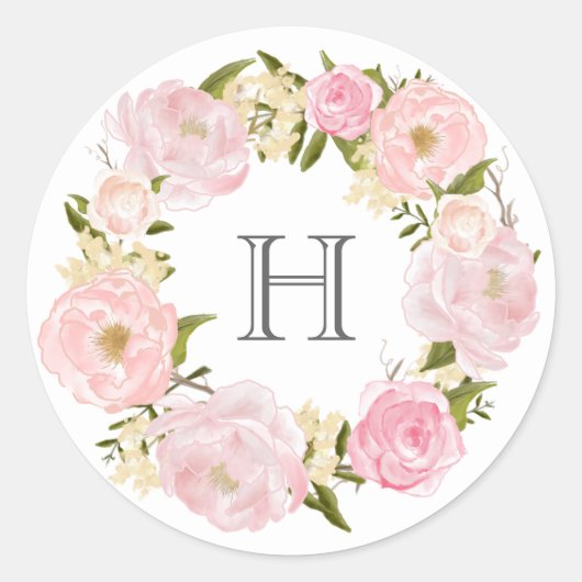 Blush Pink Peony Wreath Monogram Ronde Sticker (Voorkant)