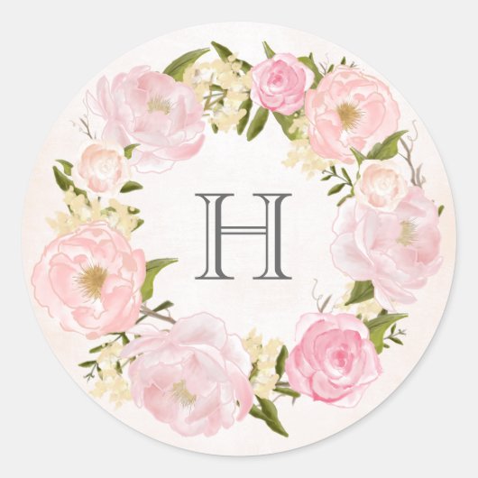 Blush Pink Peony Wreath Monogram Weddenschap Ronde Sticker (Voorkant)