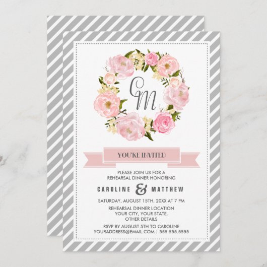 Blush Pink Peony Wreath Rehearsal Dinner Kaart (Voorkant / Achterkant)