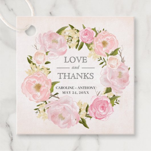 Blush Pink Peony Wreath Weddenschap Bedankt Bedankjes Labels (Voorkant)
