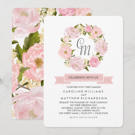 Blush Pink Peony Wreath Wedding Invitation Kaart (Voorkant / Achterkant)