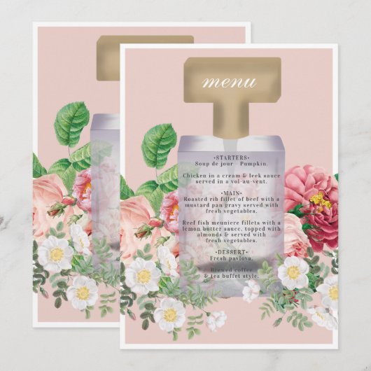 Blush Pink Perfume Bottle Floral Vrijgezellenfeest Menu (Voorkant / Achterkant)