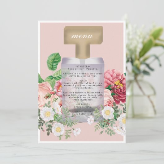 Blush Pink Perfume Bottle Floral Vrijgezellenfeest Menu (Staand voorkant)