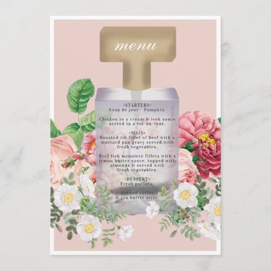 Blush Pink Perfume Bottle Floral Vrijgezellenfeest Menu (Voorkant)