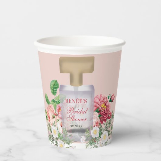 Blush Pink Perfume Bottle Floral Vrijgezellenfeest Papieren Bekers (Voorkant)