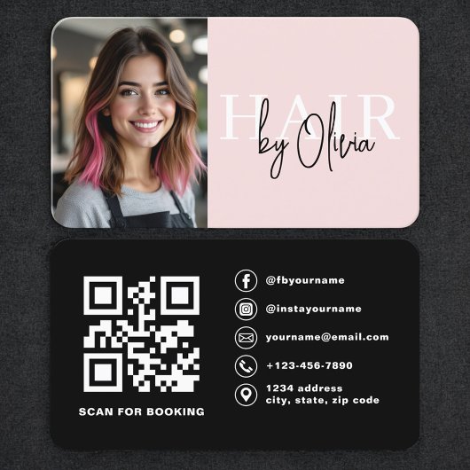 Blush Pink Photo QR Code Hair Stylist Visitekaartje