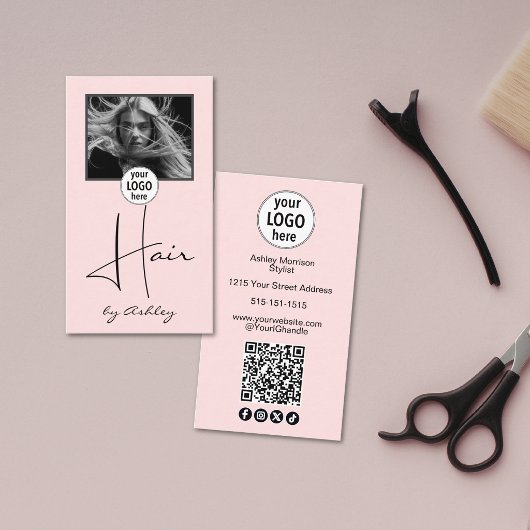 Blush Pink Photo Script Hair Logo QR Code Social Visitekaartje
