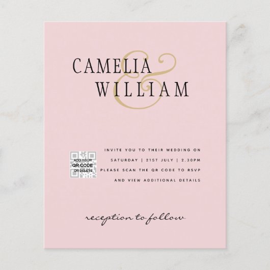 Blush PINK Photo Weddenschap nodigt QR Code Save D (Voorkant)