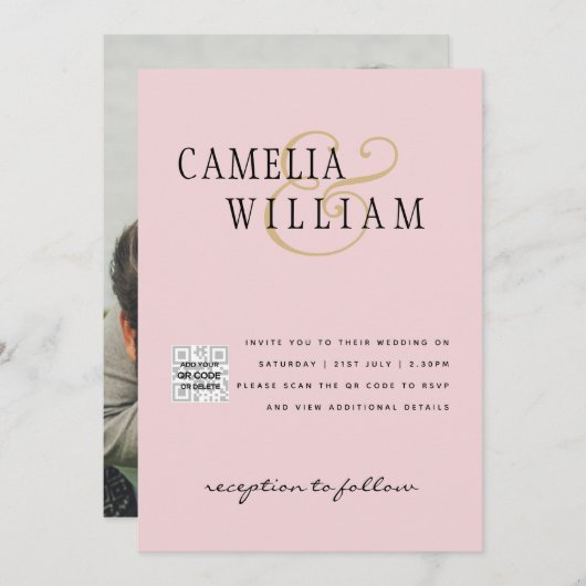 Blush PINK Photo Weddenschap nodigt QR Code Save D Kaart (Voorkant / Achterkant)