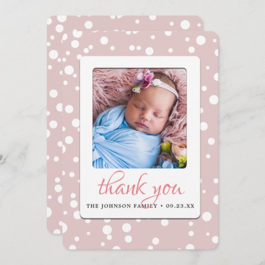 Blush Pink Polka Dots Birth Announding Dank je wel Aankondiging (Voorkant / Achterkant)