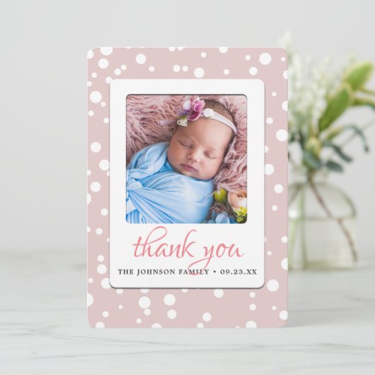 Blush Pink Polka Dots Birth Announding Dank je wel Aankondiging (Staand voorkant)