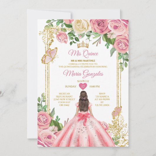 Blush Pink Princess Quinceañera Butterfly Floral Kaart (Voorkant)