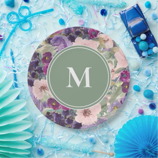 Blush Pink Purple Flowers Sage Green Monogram Papieren Bordje (Feest)