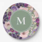 Blush Pink Purple Flowers Sage Green Monogram Papieren Bordje (Voorkant)