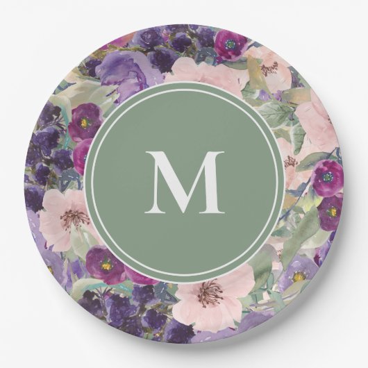 Blush Pink Purple Flowers Sage Green Monogram Papieren Bordje (Voorkant)