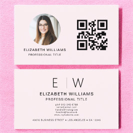 Blush Pink QR Code Foto Monogram Minimalistisch Visitekaartje