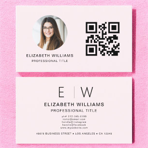 Blush Pink QR Code Foto Monogram Minimalistisch Visitekaartje