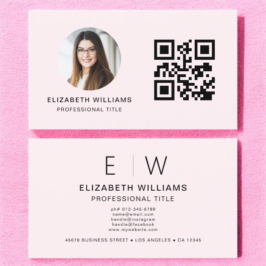 Blush Pink QR Code Foto Monogram Minimalistisch Visitekaartje