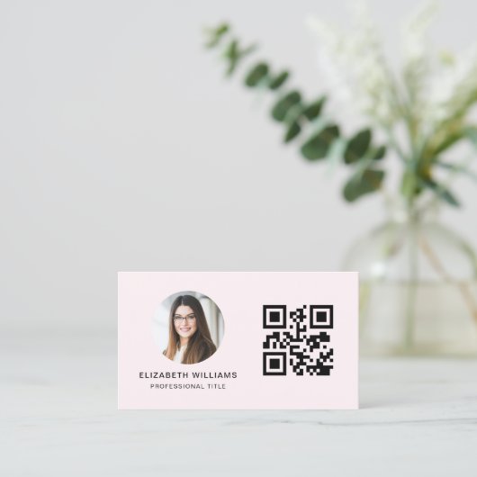 Blush Pink QR Code Foto Monogram Minimalistisch Visitekaartje (Staand voorkant)