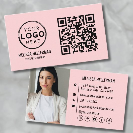 Blush Pink QR Code Modern Professionele Foto Logo Visitekaartje