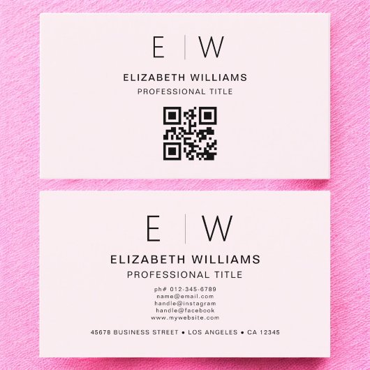 Blush Pink QR Code Monogram Minimalistisch Visitekaartje