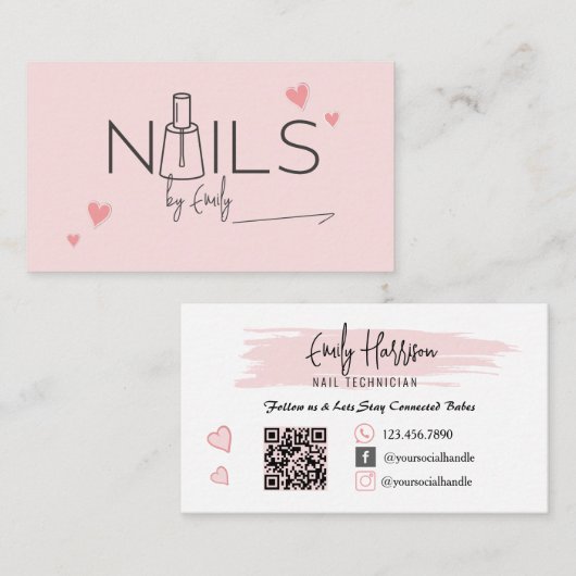 Blush Pink QR CODE Nail Salon Visitekaartje (Voorkant / Achterkant)