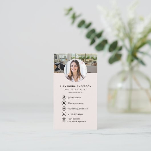 Blush Pink QR Code Real Estate Agent Photo Logo Visitekaartje (Staand voorkant)