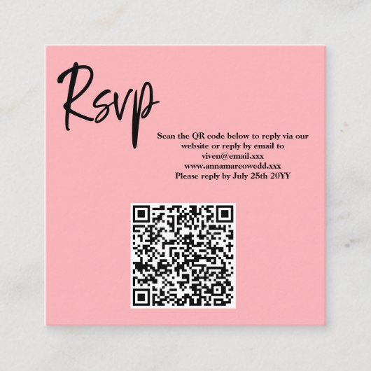 Blush Pink QR Code RSVP Card  Vierkante Visitekaartje (Voorkant)
